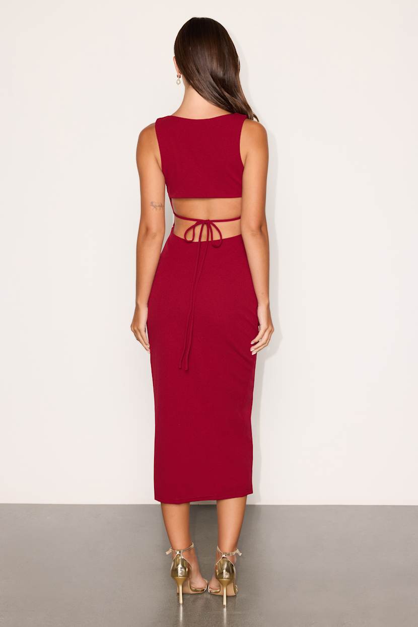 red midi bodycon dress Sexy Wine - Dress - Cutout Midi Dress Hidden zipper/clasp at back Kingsley Modest Lace Blush Bridesmaid Color:Sandstone