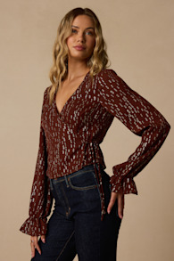 Beyah Brown and Gold Long Sleeve Wrap Top 2