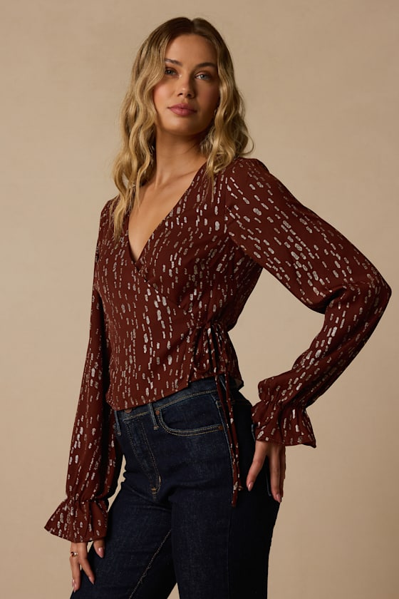 Beyah Brown and Gold Long Sleeve Wrap Top 2