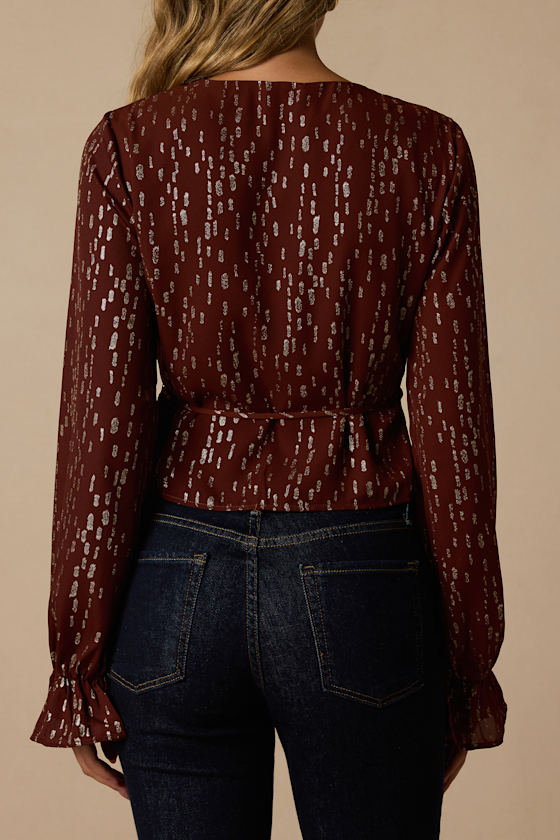 Beyah Brown and Gold Long Sleeve Wrap Top 3