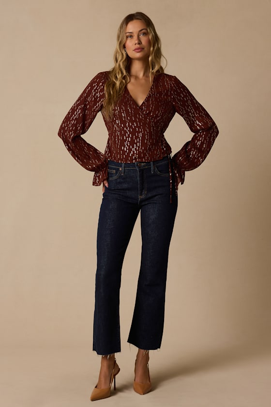 Beyah Brown and Gold Long Sleeve Wrap Top - thumbnail 3