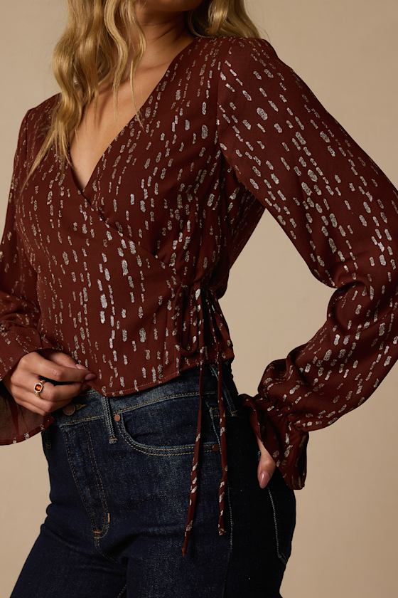 Beyah Brown and Gold Long Sleeve Wrap Top - thumbnail 4