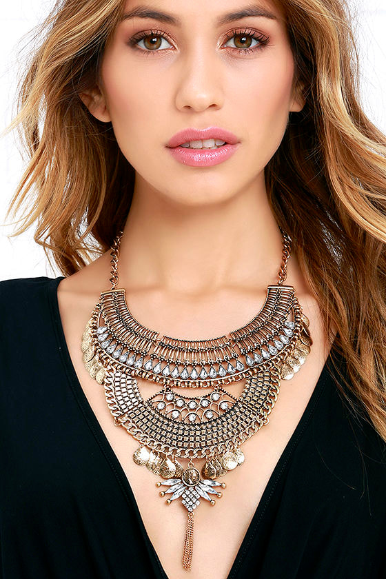 Boho Gold Necklace Statement Necklace Rhinestone Necklace 20.00 Lulus