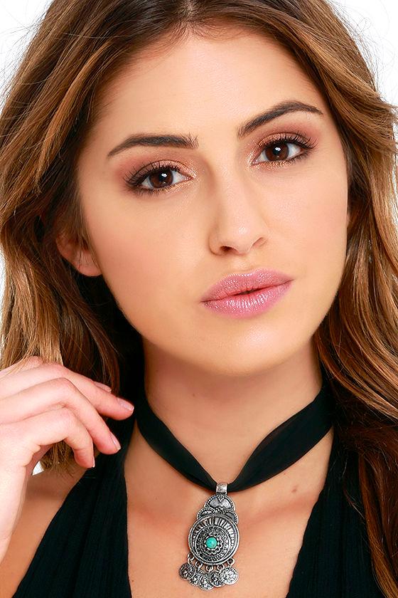 Boho Black and Silver Necklace - Choker Necklace - Ribbon Necklace ...