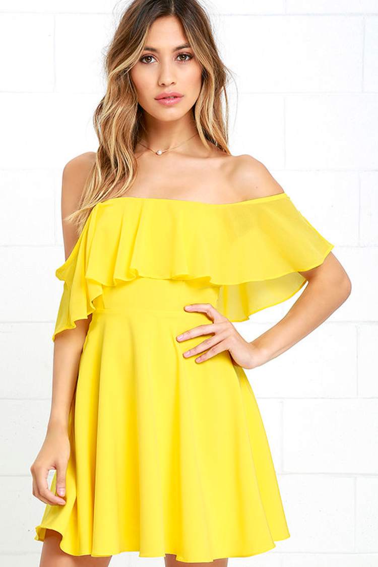 yellow off the shoulder skater dress Lovely Yellow Dress - Off-the-Shoulder Dress - Skater Dress - $64.00