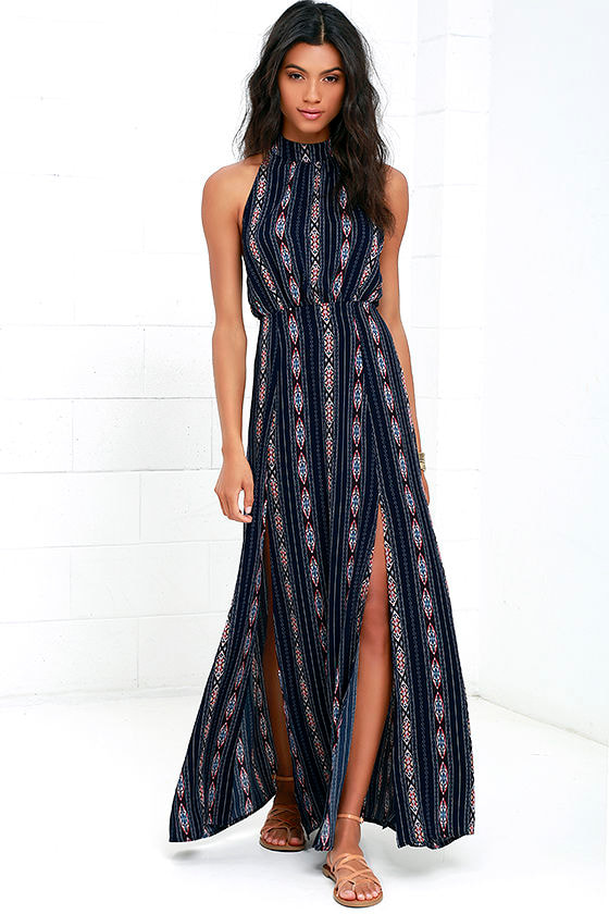 Boho Navy Blue Maxi Dress - Print Maxi Dress - Halter Maxi Dress - $59. ...