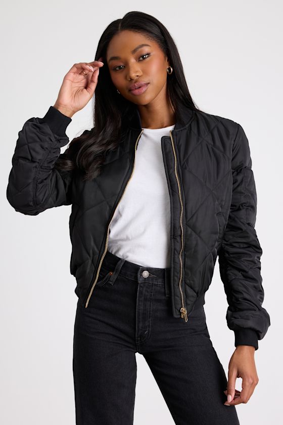 専用♪ 17SS Quilted Lace Bomber Jacket Cute Black Bomber - Quilted Bomber Jacket - Black Jacket - Lulus