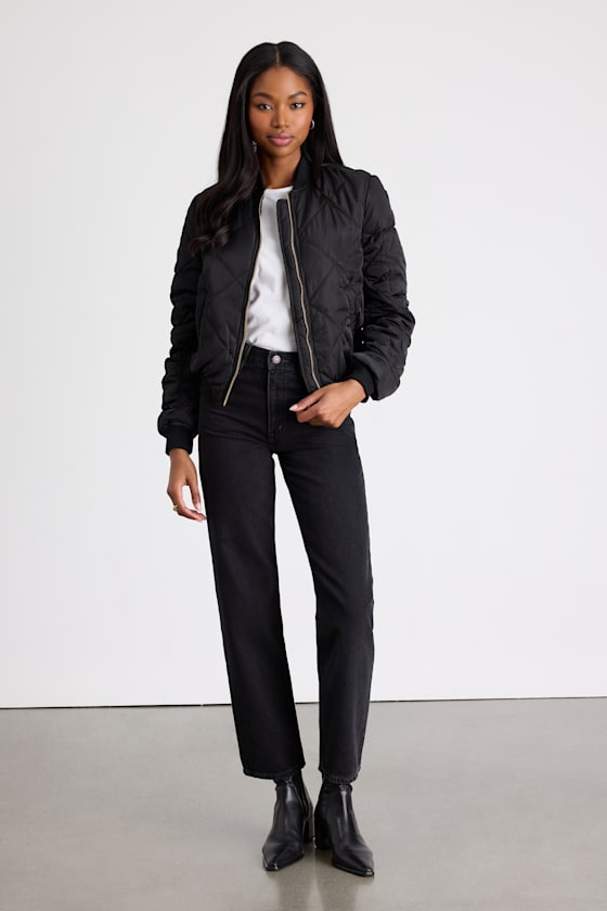 Cute Black Bomber - Quilted Bomber Jacket - Black Jacket - Lulus