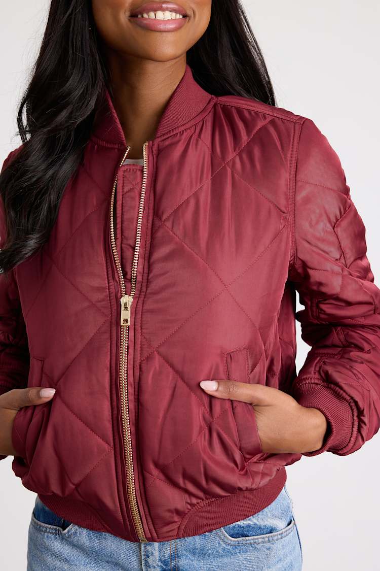 Style Expedition Burgundy Quilted Bomber Jacket