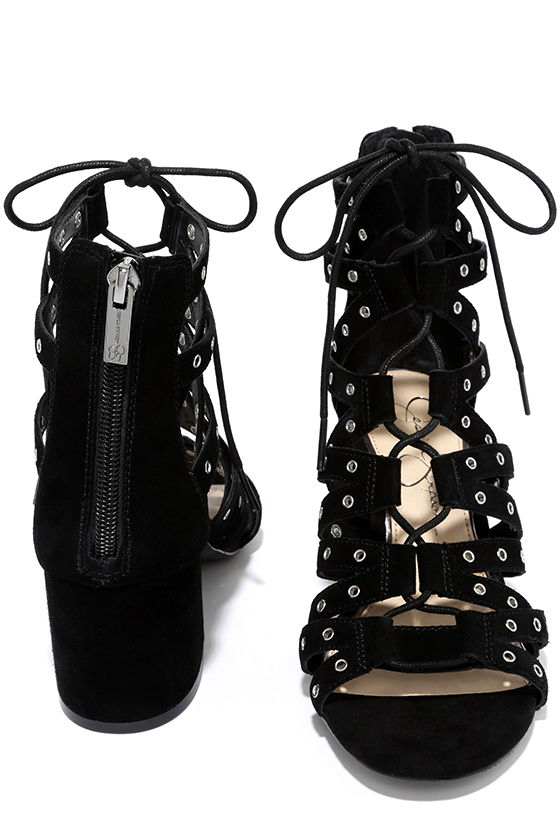 Jessica Simpson Haize Black Kid Suede Lace-Up Heels 2