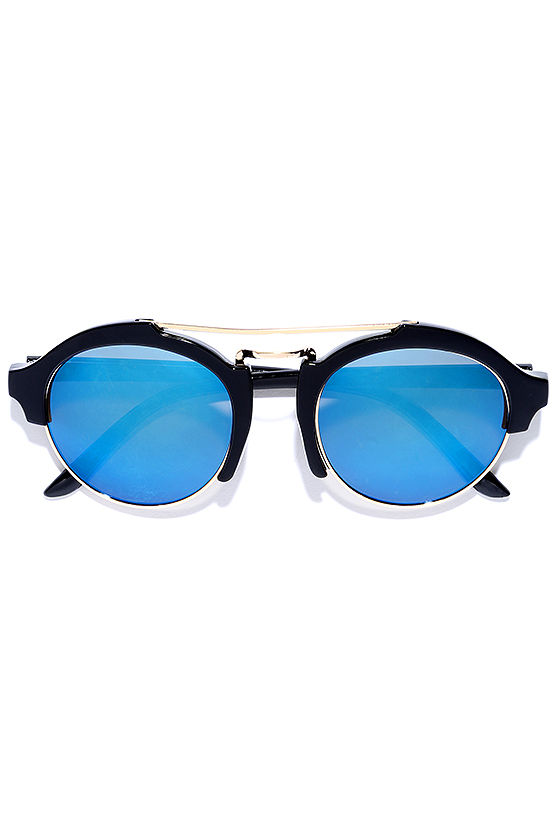 Blue Mirrored Sunglasses - Black Sunglasses - $16.00 - Lulus