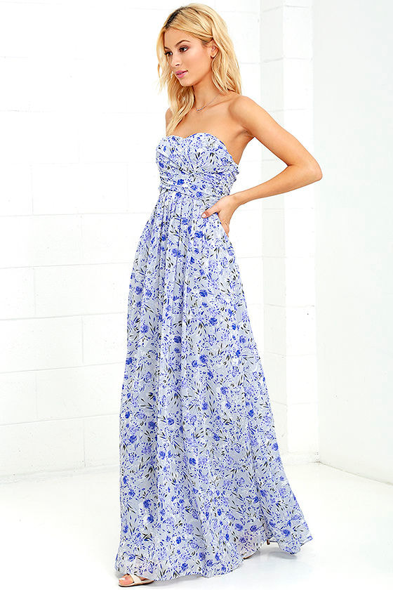 blue floral strapless dress