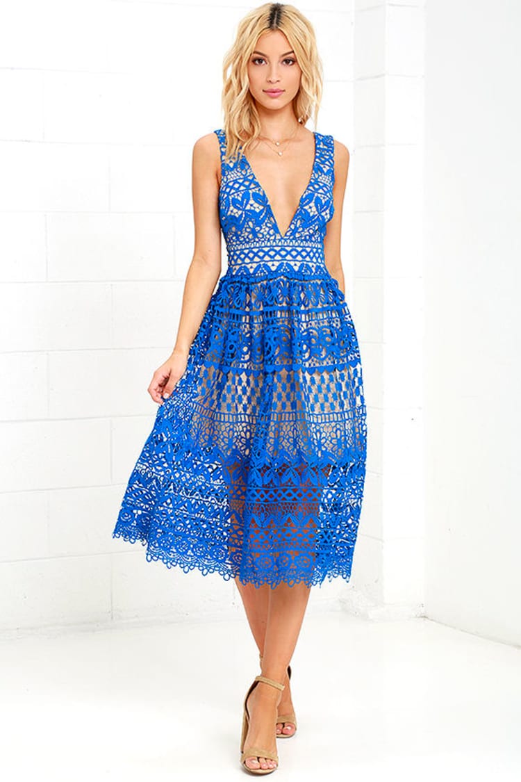 beige and blue lace dress Cute Lace Dress - Blue Dress - Midi Dress - $69.00