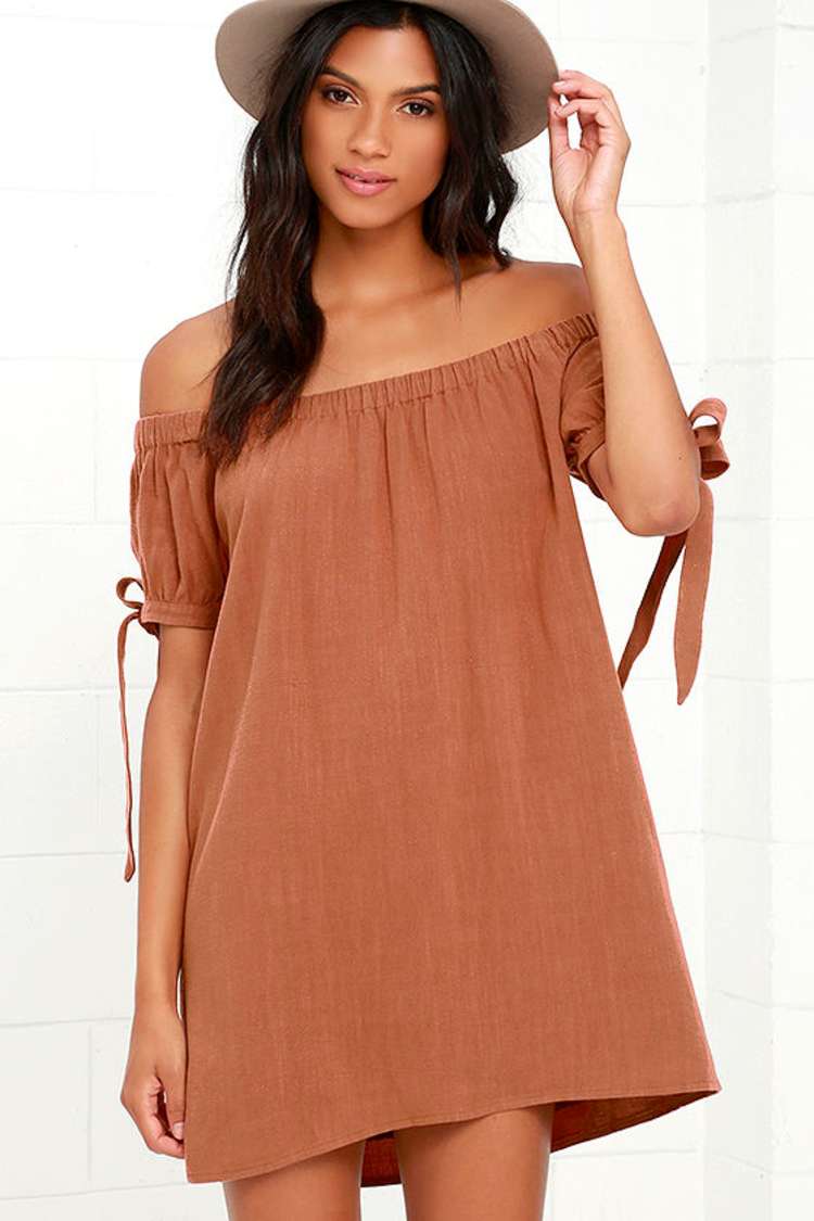 Lovely Brown Dress - Off-the-Shoulder Dress - Shift Dress - $48.00 - Lulus