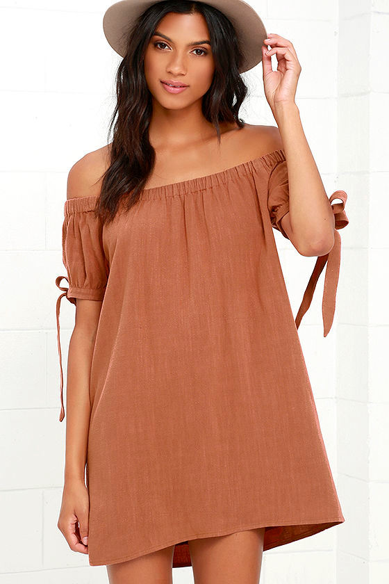 Al Fresco Evenings Brown Off-the-Shoulder Dress 1