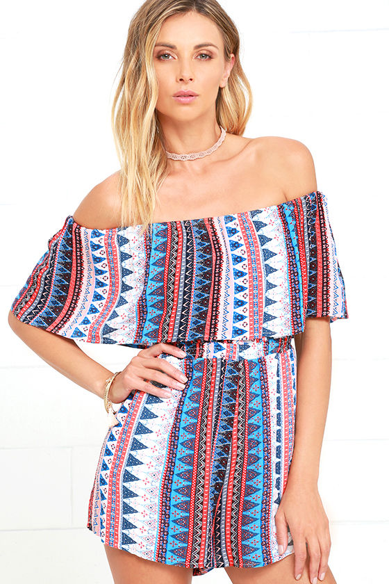 Backyard Barbecue Red Print Off-the-Shoulder Romper