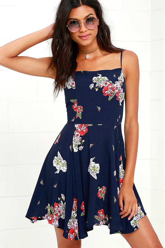 Navy Blue Floral Print Dress - Backless Dress - Skater Dress - $84.00 ...