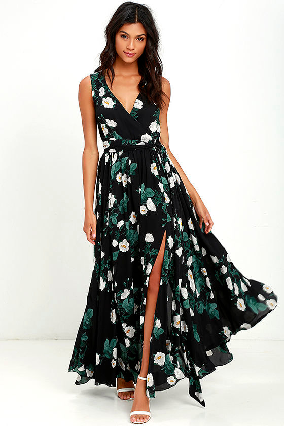 Magnolia Blooms Black Floral Print Maxi Dress