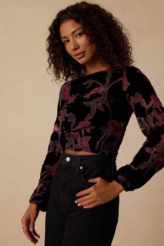 Romantic Sweetie Black Floral Burnout Long Sleeve Lace-Up Top 2