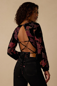 Romantic Sweetie Black Floral Burnout Long Sleeve Lace-Up Top 3
