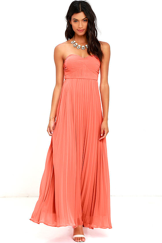 Coral Pink Dress Maxi Dress Strapless Dress Pleated Dress 89.