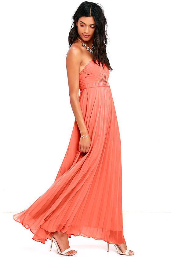 Coral Pink Dress Maxi Dress Strapless Dress Pleated Dress 89.00
