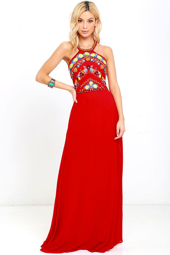red embroidered maxi dress