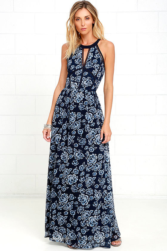 Stunning Navy Blue Maxi Dress Floral Print Dress Gown 74.00 Lulus