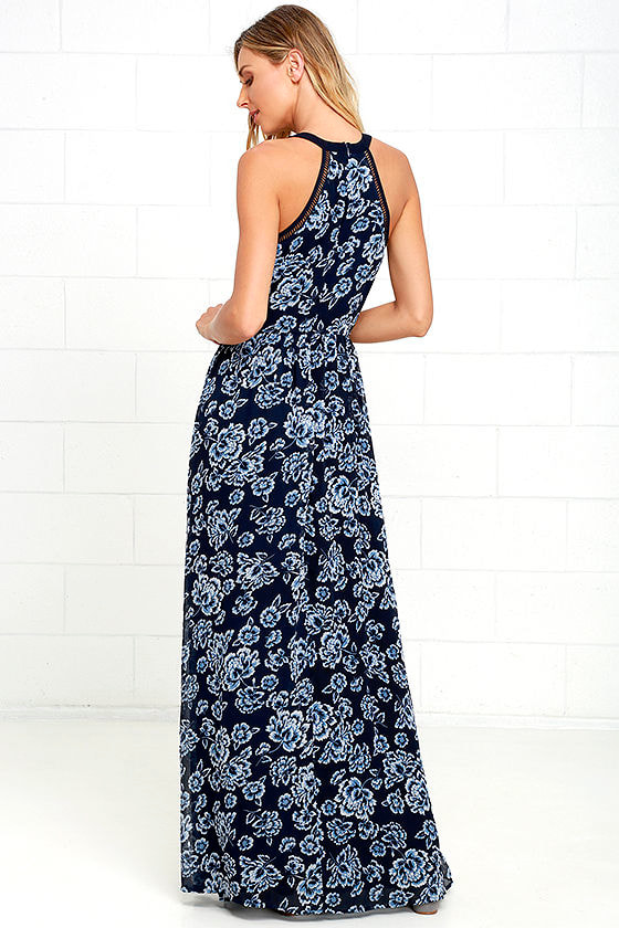 Stunning Navy Blue Maxi Dress - Floral Print Dress - Gown - $74.00