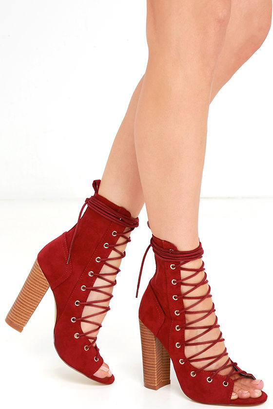 red lace up boot heels