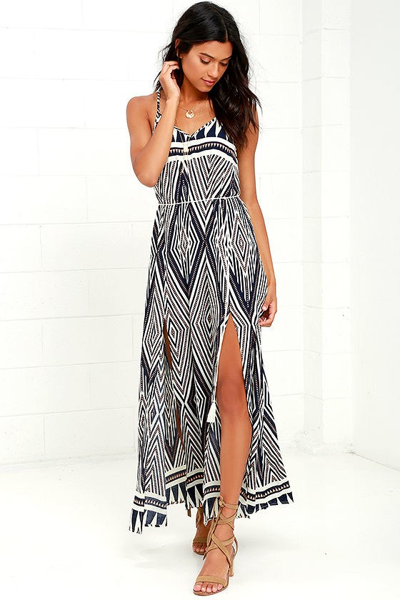 Fun Print Dress Maxi Dress Navy Blue Print Dress 48.00 Lulus