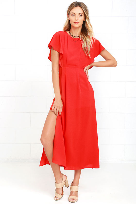 Chic Coral Red Dress - Butterfly Sleeve Dress - Midi Dress - $88.00 - Lulus