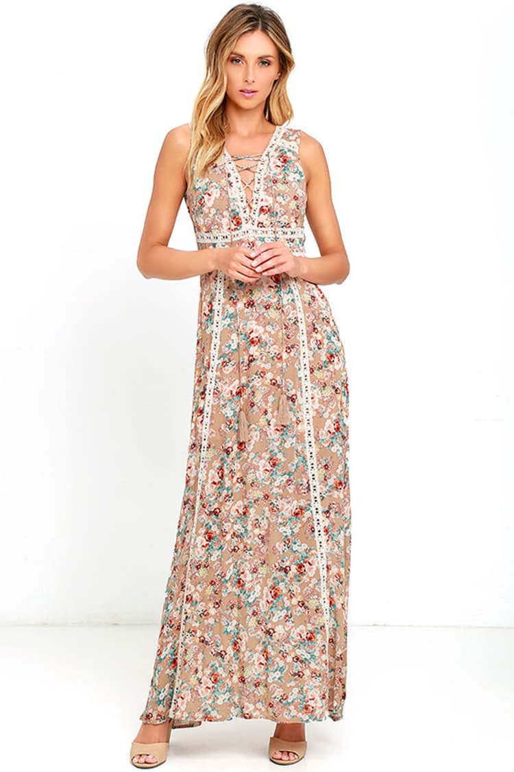 Lovely Beige Dress - Floral Print Dress - Crocheted Lace Dress - $68.00 -  Lulus