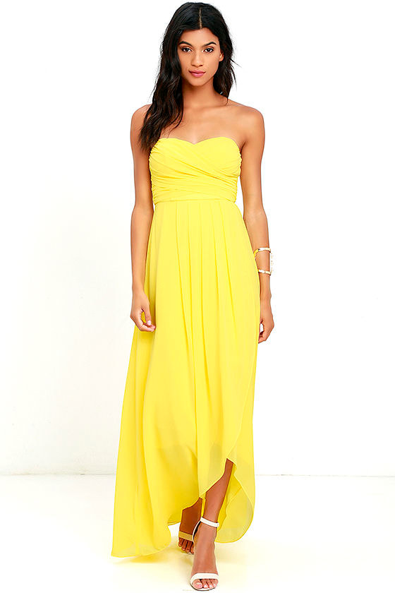 yellow strapless gown