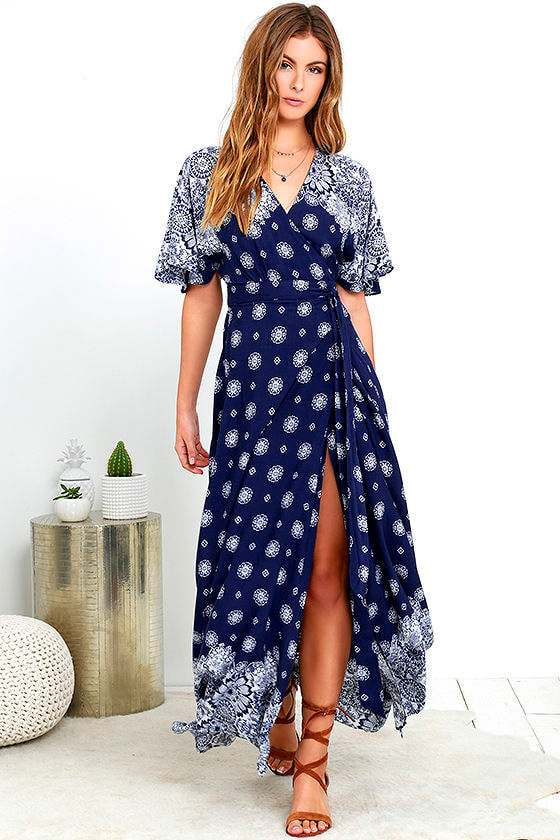Lovely Navy Blue Print Dress - Wrap Dress - Maxi Dress - $58.00 - Lulus