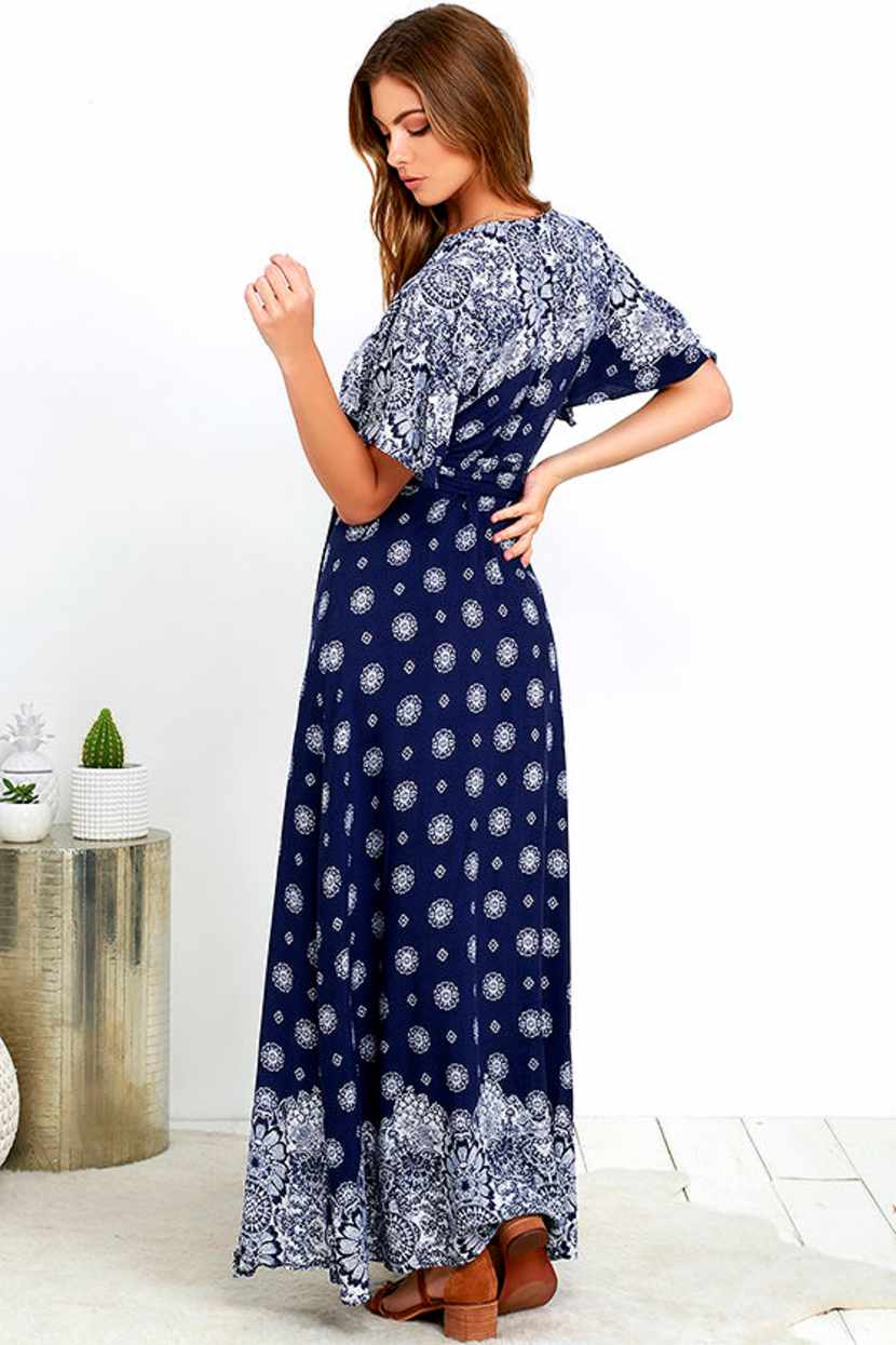 Lovely Navy Blue Print Dress - Wrap Dress - Maxi Dress - $58.00 - Lulus