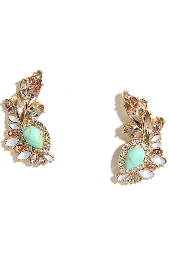 Mermaid Moment Gold and Turquoise Rhinestone Earrings