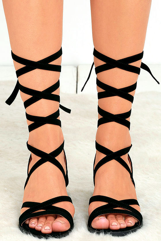 Black Sandals - Lace-Up Heels - Nubuck Heels - $27.00
