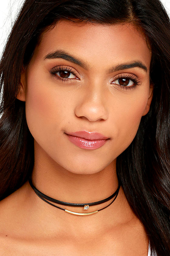Cute Black Choker Necklace Gold and Rhinestone Choker 14.00 Lulus