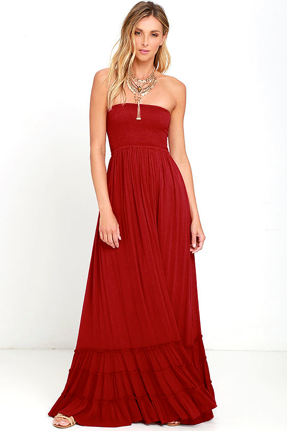 Lovely Wine Red Dress Strapless Dress Maxi Dress 78.00 Lulus