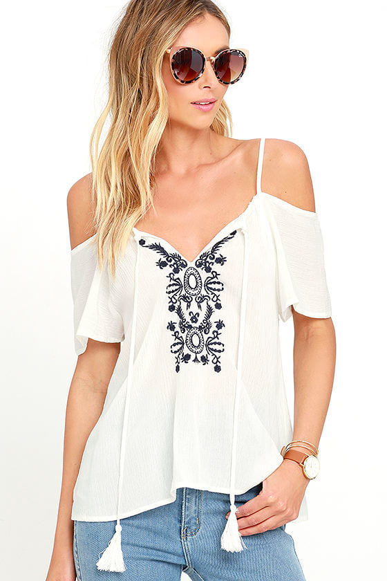 Fun Ivory Top - Ivory and Navy Blue Top - Embroidered Top - $35.00 - Lulus