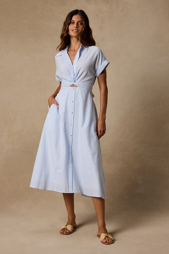 Adorable Impression White and Blue Midi Dress With Pockets 2