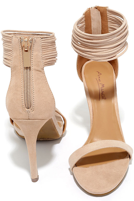 Bold Beauty Nude Suede Ankle Strap Heels