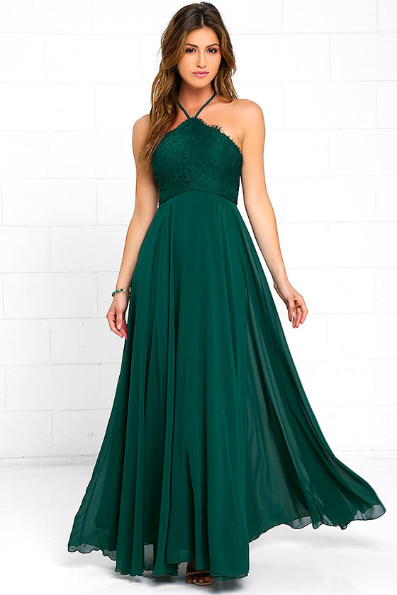 Stunning Dark Green Dress Maxi Dress Halter Dress Lace Dress