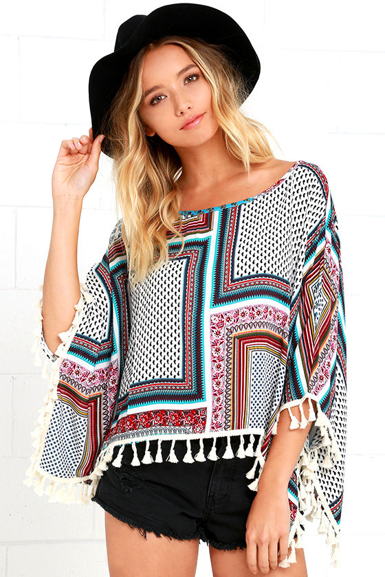 I. Madeline Poncho Top Tile Print Top Fringe Top 49.00 Lulus