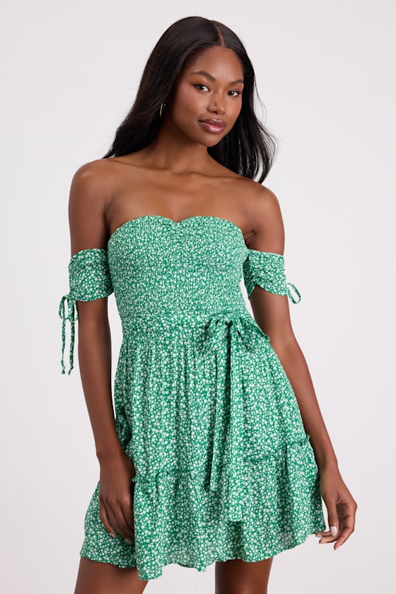 Green Floral Mini Dress - Smocked OTS Dress - OTS Mini Dress - Lulus