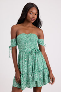 Sweetest Feelings Green Floral Off-the-Shoulder Mini Dress 1