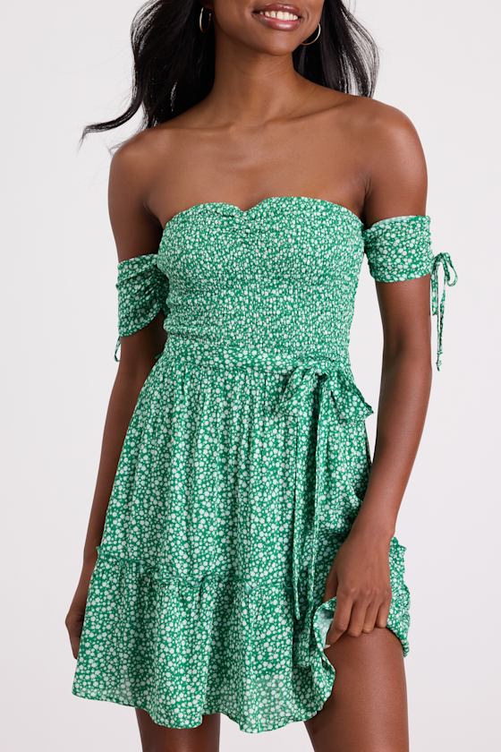 Sweetest Feelings Green Floral Off-the-Shoulder Mini Dress 2