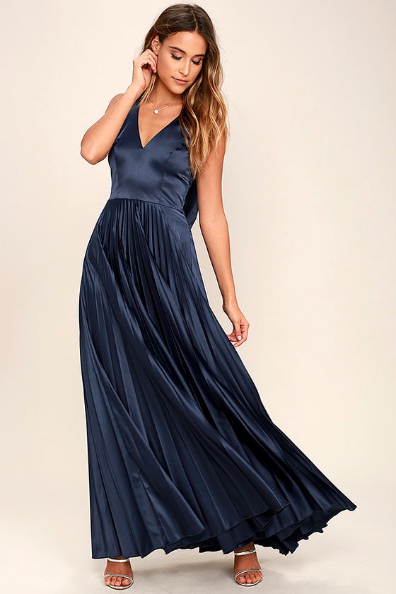 Lovely Navy Blue Dress - Formal Maxi Dress - Bridesmaid Dress - Satin ...