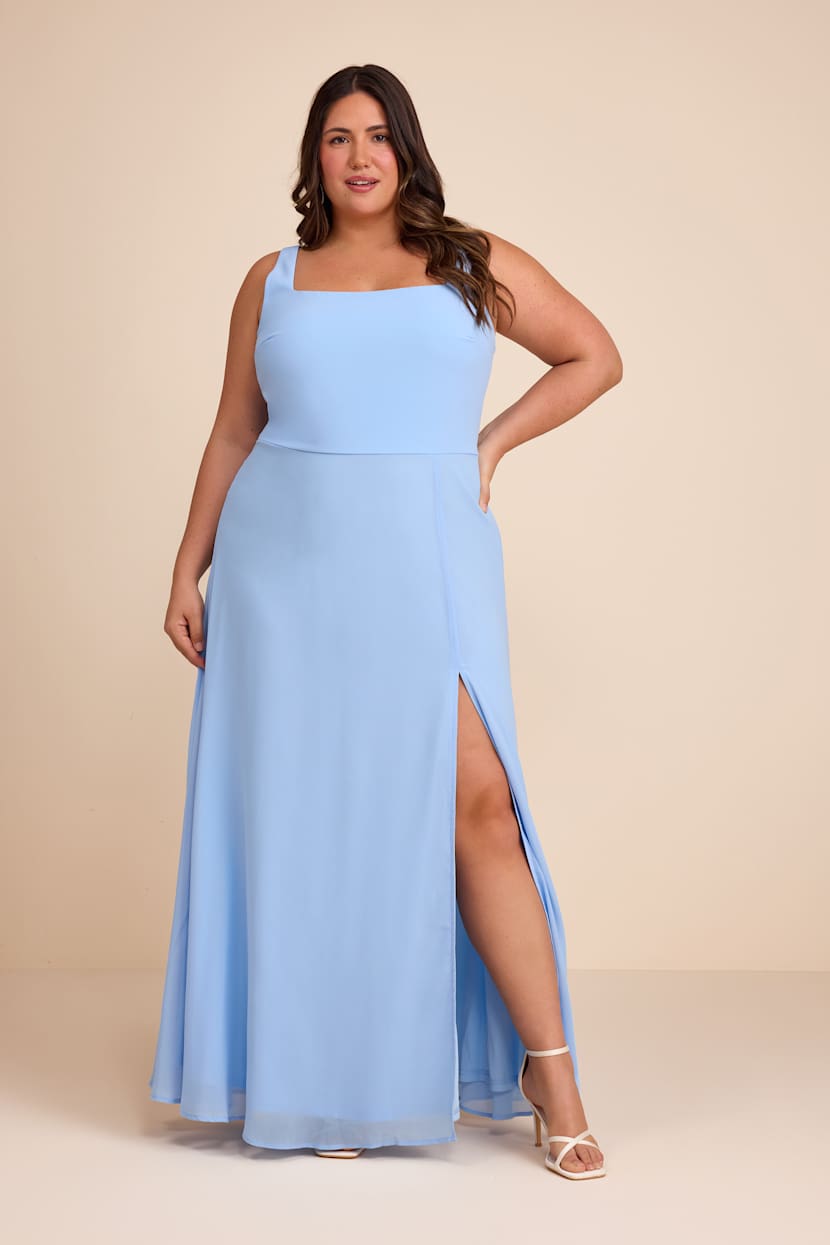 blue dress for baby girl Sky Blue Plus Size Chiffon Lace Bridesmaid Dress V-Neck High Slit Maxi Gown for Wedding Party main image 1